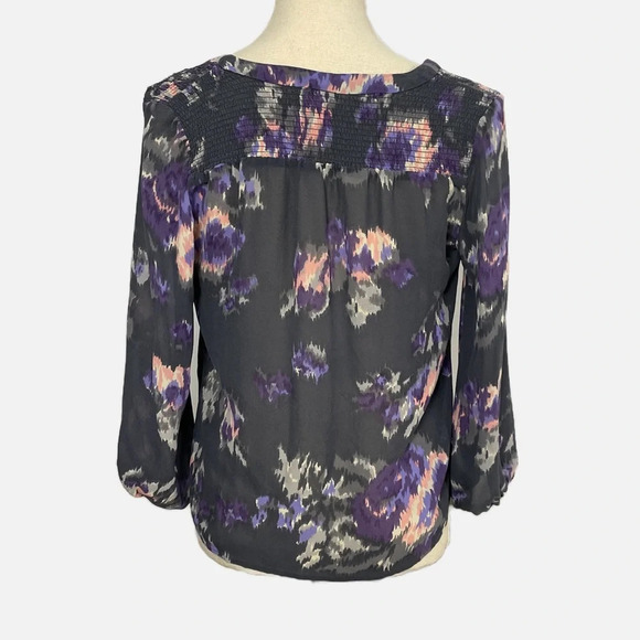 Joie Axcel Silk Blouse Top XS Charcoal Purple Pink Sheer Floral Spring Smocked - Picture 3 of 9
